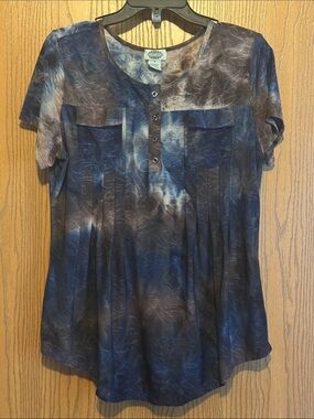Sienna Grace Blue & Brown Tie-Dye Pleated Henley Short Sleeve Top